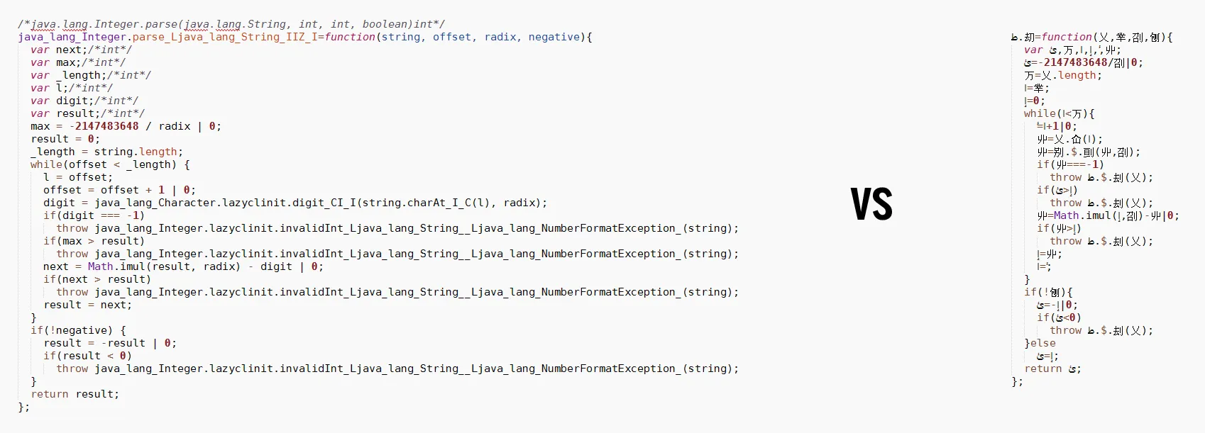 debug=true on the left and debug=false on the right. Additional line-breaks and indentation added to improve readability.