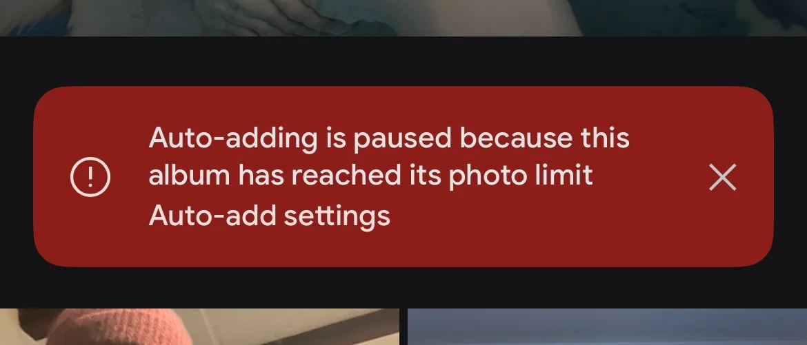 Hitting the 20,000 photos per album limit.