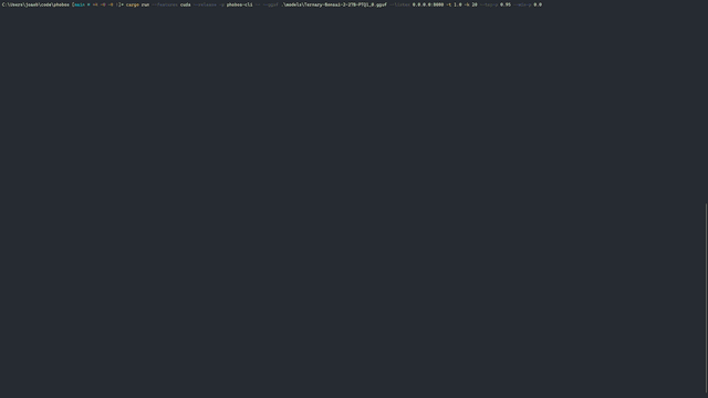 The phobos-cli dashboard while serving a model: model and cache, memory use, prompt and decode throughput, and the card
